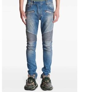 Balmain Paris Men's Biker Slim Fit Jeans Size 32 x 28" Indigo Blue Stretch